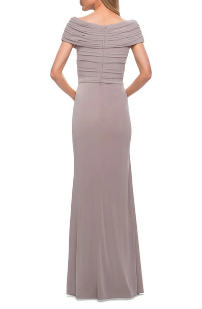 Shop La Femme Ruched Jersey Column Gown In Silver