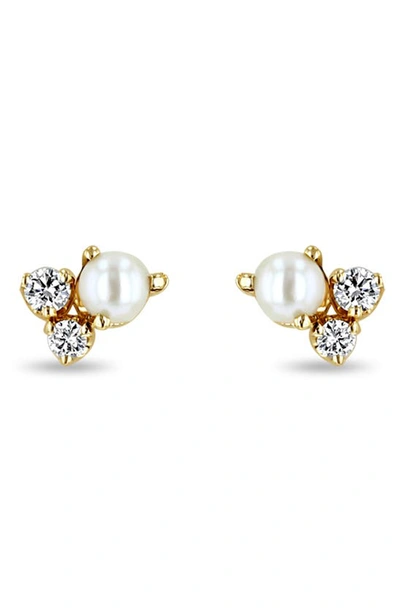 Shop Zoë Chicco Diamond & Pearl Trio Stud Earrings In 14k Yellow Gold