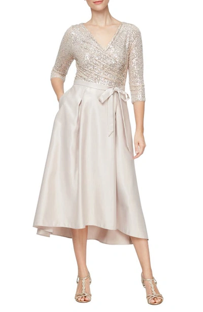 Shop Alex Evenings Sequin & Satin Midi Formal Dress In Taupe