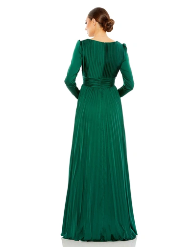 Shop Ieena For Mac Duggal Pleated Long Sleeve V-neck Gown In Emerald