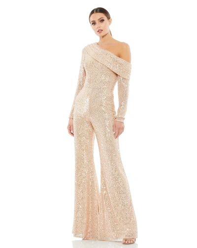 Shop Ieena For Mac Duggal Sequined Drop Shoulder Long Sleeve Jumpsuit In Rose Gold