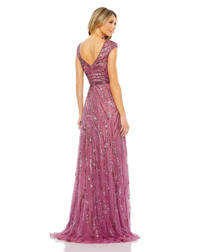 Mac Duggal Sequined Cap Sleeve Boat Neck Gown In Plum
