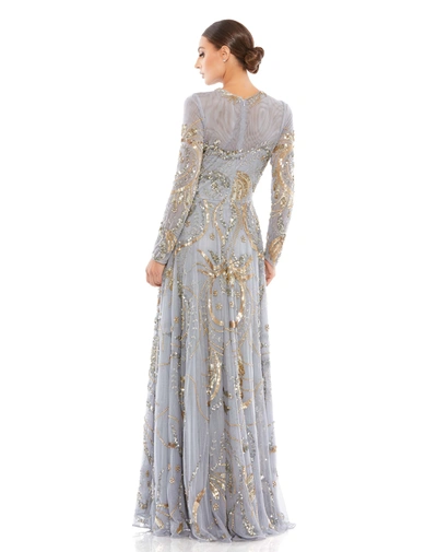 Mac Duggal Long Sleeve Embellished Illusion Evening Gown In Platinum Gold