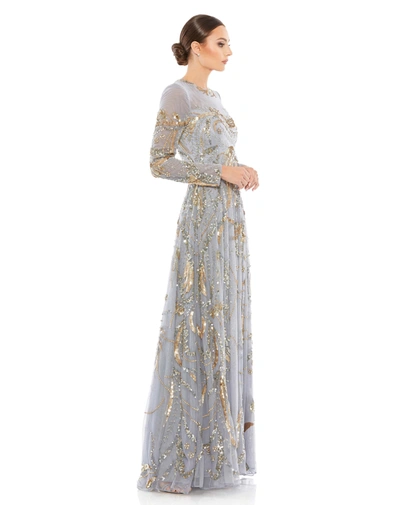 Shop Mac Duggal Long Sleeve Embellished Illusion Evening Gown In Platinum Gold