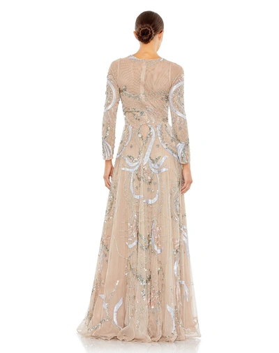 Shop Mac Duggal Long Sleeve Embellished Illusion Evening Gown In Nude