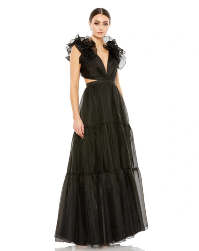 Shop Mac Duggal Ruffled Shoulder Cut Out Soft Tie Back Tiered Gown In Black