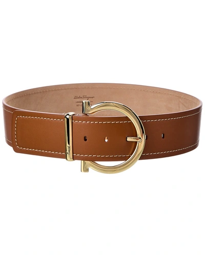 Shop Ferragamo Salvatore  Gancini Wide Fixed Leather Belt In Brown