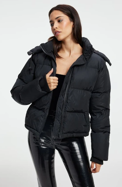 Shop Good American Iridescent Puffer Jacket With Removable Hood In Black001