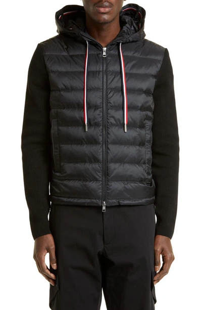 Shop Moncler Quilted Down & Knit Cardigan In Black