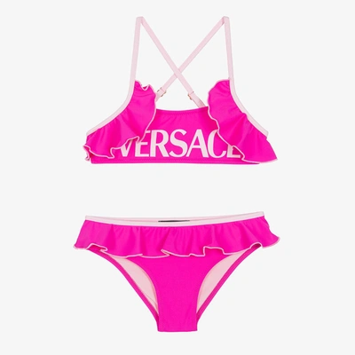 Shop Versace Girls Pink Ruffle Logo Bikini