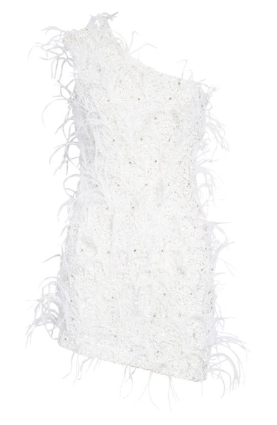 Shop Retroféte Sina Feather Asymmetric Minidress In White/ Silver