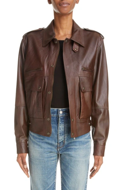 Shop Saint Laurent Oversize Leather Bomber Jacket In Brun Fauve