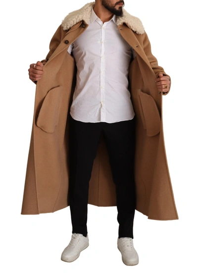 Shop Dolce & Gabbana Beige Camel Skin Cashmere Shearling Overcoat Men's Jacket