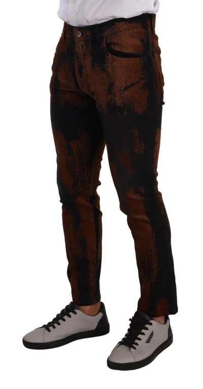 Shop Dolce & Gabbana Black Brown Tie Dye Cotton Skinny Denim Men's Jeans In Black And Brown