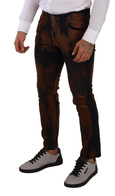 Shop Dolce & Gabbana Black Brown Tie Dye Cotton Skinny Denim Men's Jeans In Black And Brown
