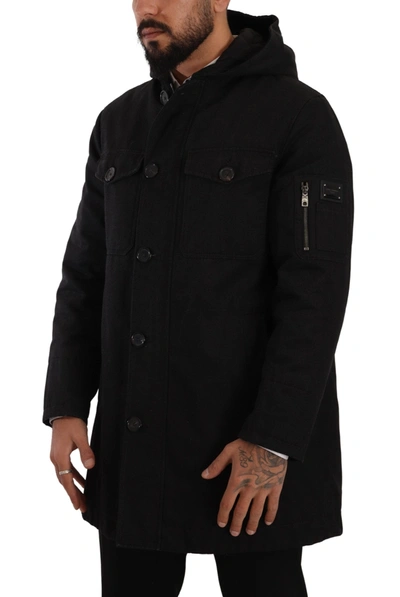 Dolce & Gabbana Black Denim Hooded Parka Coat Winter Jacket In Black