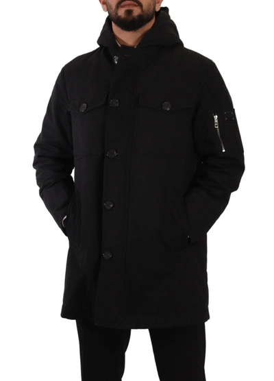 Dolce & Gabbana Black Denim Hooded Parka Coat Winter Jacket In Black
