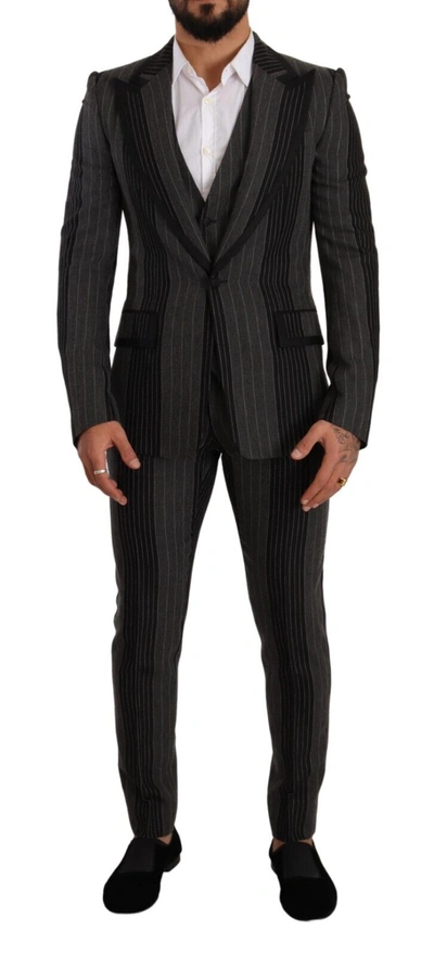 Shop Dolce & Gabbana Elegant Striped Three-piece Men's Suit In Black And Gray