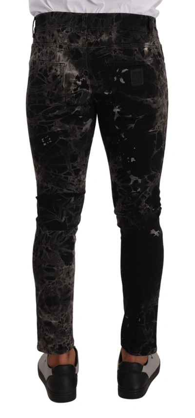 Shop Dolce & Gabbana Black Patterned Skinny Slim Fit Men's Jeans In Black And Gray