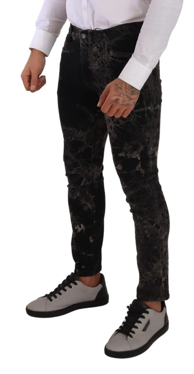 Shop Dolce & Gabbana Black Patterned Skinny Slim Fit Men's Jeans In Black And Gray
