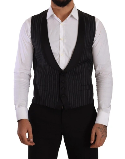 Dolce & Gabbana Black Striped Wool Silk Waistcoat Vest In Black