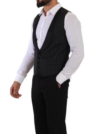 Dolce & Gabbana Black Striped Wool Silk Waistcoat Vest In Black