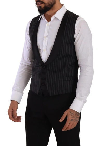 Dolce & Gabbana Black Striped Wool Silk Waistcoat Vest In Black