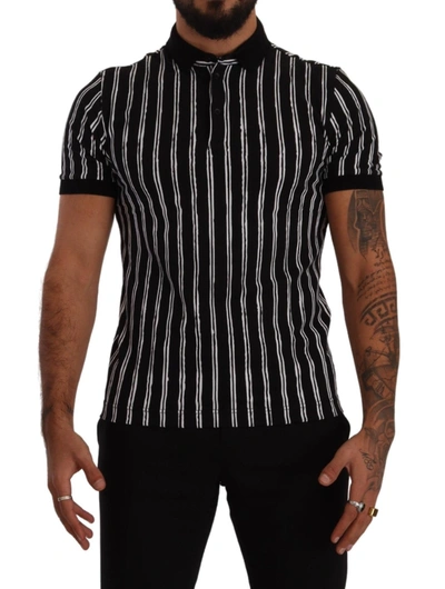 Shop Dolce & Gabbana Black White Striped Polo Short Sleeve  Men's T-shirt