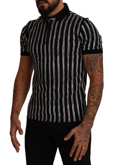Shop Dolce & Gabbana Black White Striped Polo Short Sleeve  Men's T-shirt