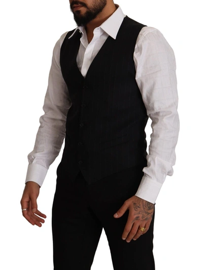 Dolce & Gabbana Black Wool Single Breasted Waistcoat Vest In Blue