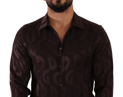 Shop Dolce & Gabbana Bordeaux Gold Logo Silk Slim Fit Mens Men's Shirt