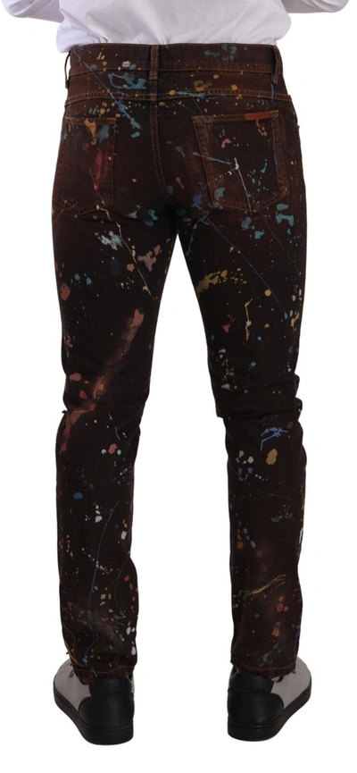 Shop Dolce & Gabbana Multicolor Painted Skinny Denim Men's Jeans In Brown