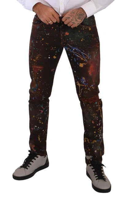 Shop Dolce & Gabbana Multicolor Painted Skinny Denim Men's Jeans In Brown