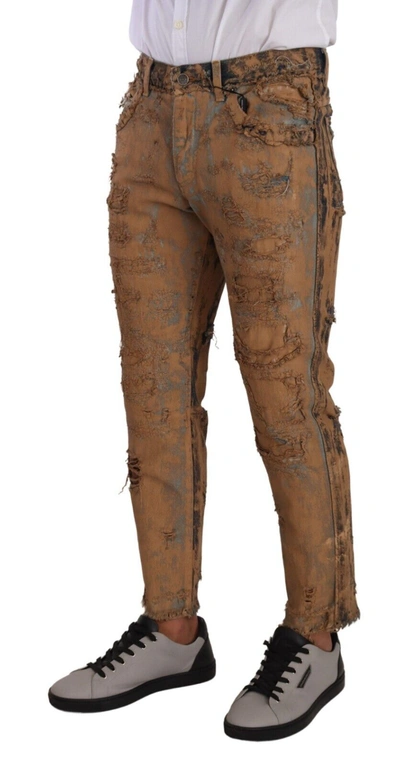 Dolce & Gabbana Brown Distressed Cotton Regular Denim Jeans In Brown
