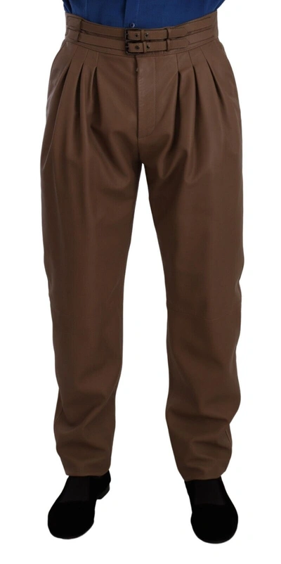 Shop Dolce & Gabbana Brown Leather Tapered High Waist Men's Pants