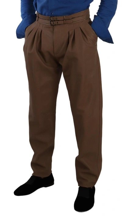 Shop Dolce & Gabbana Brown Leather Tapered High Waist Men's Pants