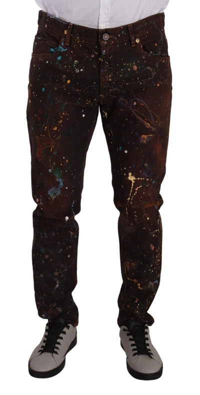 Shop Dolce & Gabbana Elegant Multicolored Painted Denim Men's Jeans In Brown