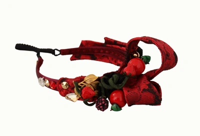 Shop Dolce & Gabbana Cherry Silk Crystal Bow Logo Diadem Tiara Women's Headband In Red
