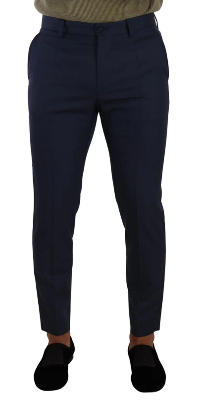 Shop Dolce & Gabbana Elegant Dark Blue Slim-fit Dress Men's Pants