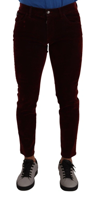 Shop Dolce & Gabbana Dark Red Cotton Velvet Skinny Men Denim Men's Jeans In Bordeaux