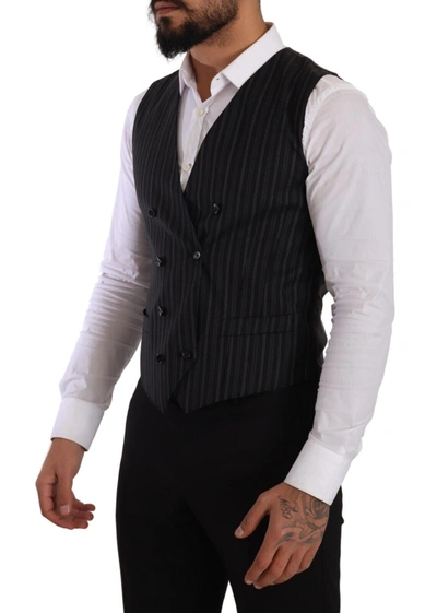 Dolce & Gabbana Gray Striped Double Breasted Waistcoat Vest In Black And Gray