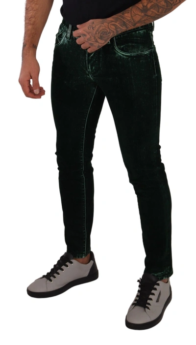 Dolce & Gabbana Green Cotton Stretch Skinny Slim Fit Jeans In Black