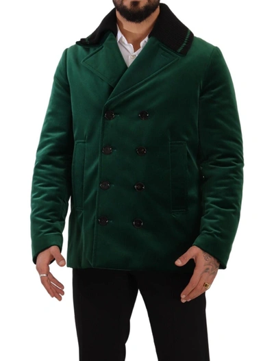 Shop Dolce & Gabbana Green Velvet Cotton Double Breasted Men's Jacket