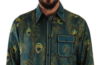 Shop Dolce & Gabbana Peacock Feather Print Silk Men's Shirt In Multicolor