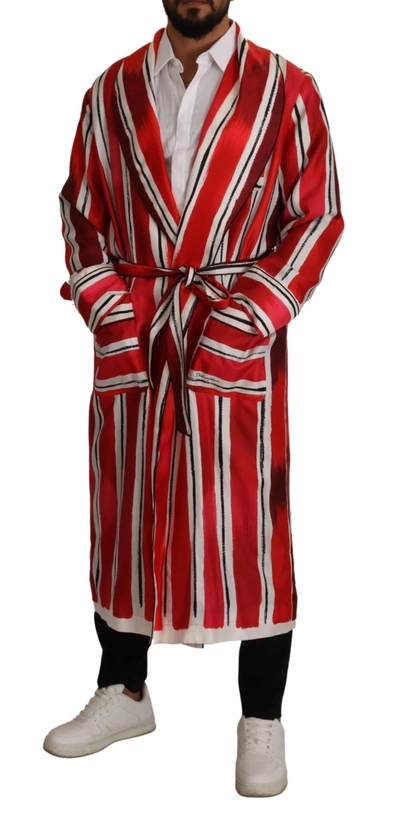 Shop Dolce & Gabbana Red White Striped Silk Mens Night Gown Men's Robe