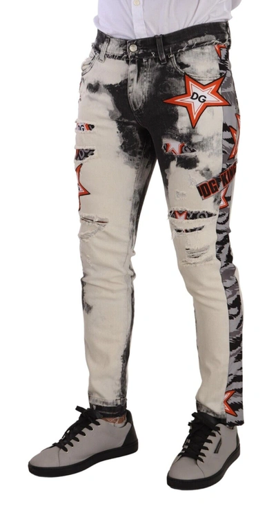 Shop Dolce & Gabbana Chic Slim Fit Star Motif Denim Men's Jeans In Black/white