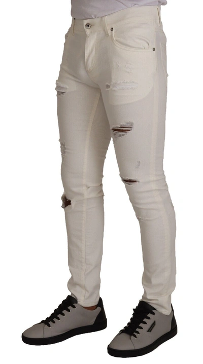 Dolce & Gabbana White Tattered Skinny Cotton  Denim Jeans In White