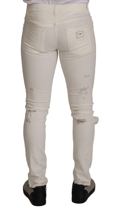 Dolce & Gabbana White Tattered Skinny Cotton  Denim Jeans In White