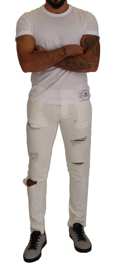 Dolce & Gabbana White Tattered Skinny Cotton  Denim Jeans In White