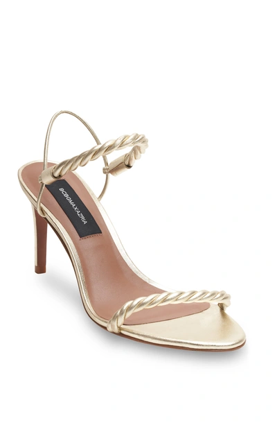 Shop Bcbgmaxazria Taylor Platino Leather Twist-strap Sandal Heel In Gold